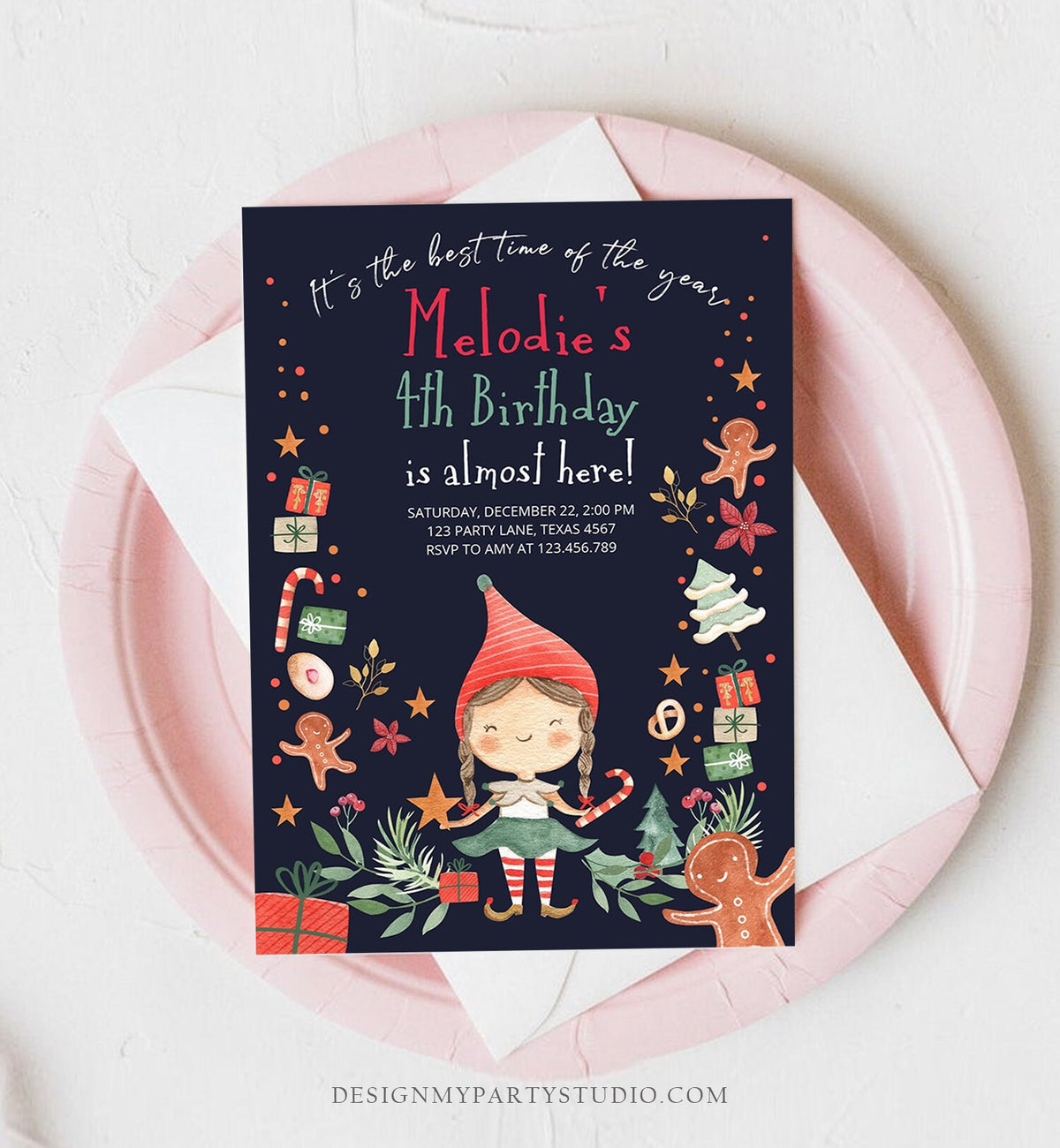 Editable Christmas Birthday Party Invitation Elf Birthday Invite Winter Best Time of The Year Girl Pink Gold Printable Template DIY 0358