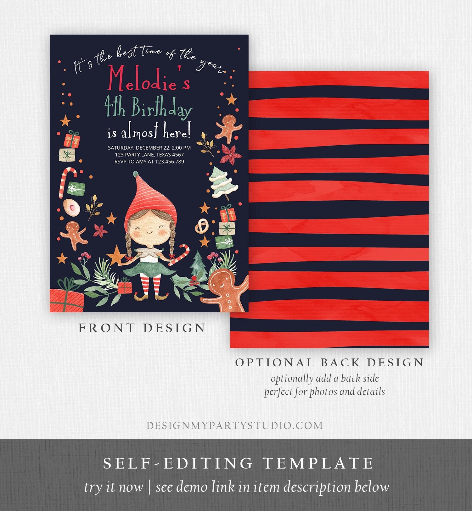 Editable Christmas Birthday Party Invitation Elf Birthday Invite Winter Best Time of The Year Girl Pink Gold Printable Template DIY 0358