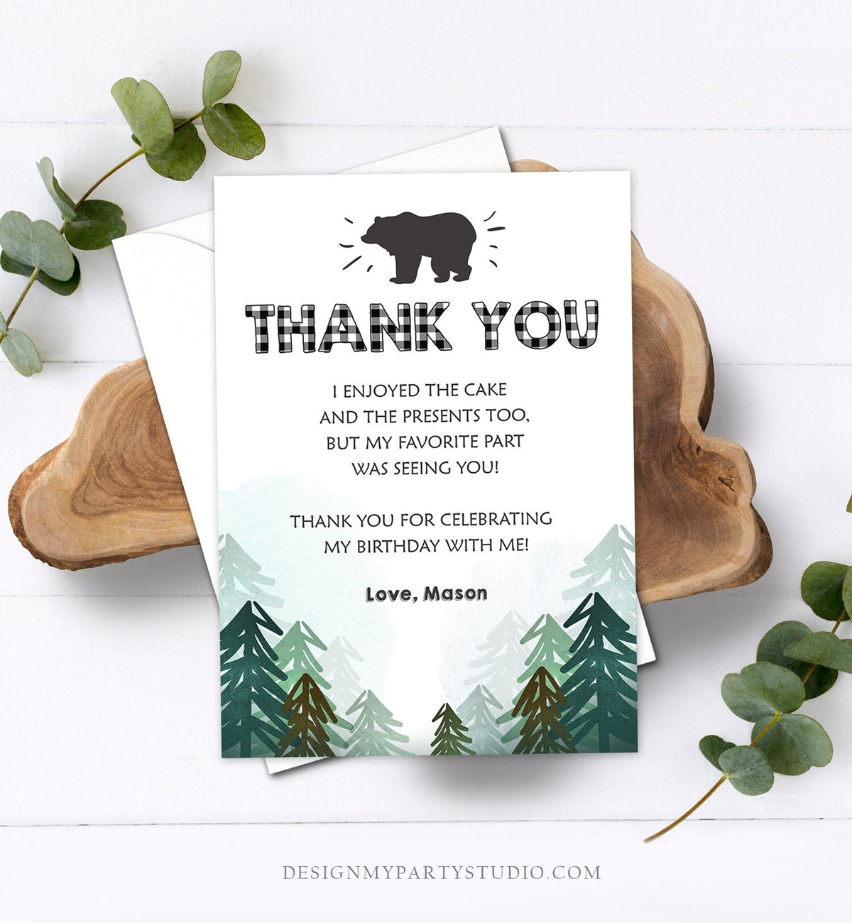 Editable Thank You Card Wild One Birthday Rustic Bear Birthday Trees Forest Black White Lumberjack Download Printable Template Corjl 0377