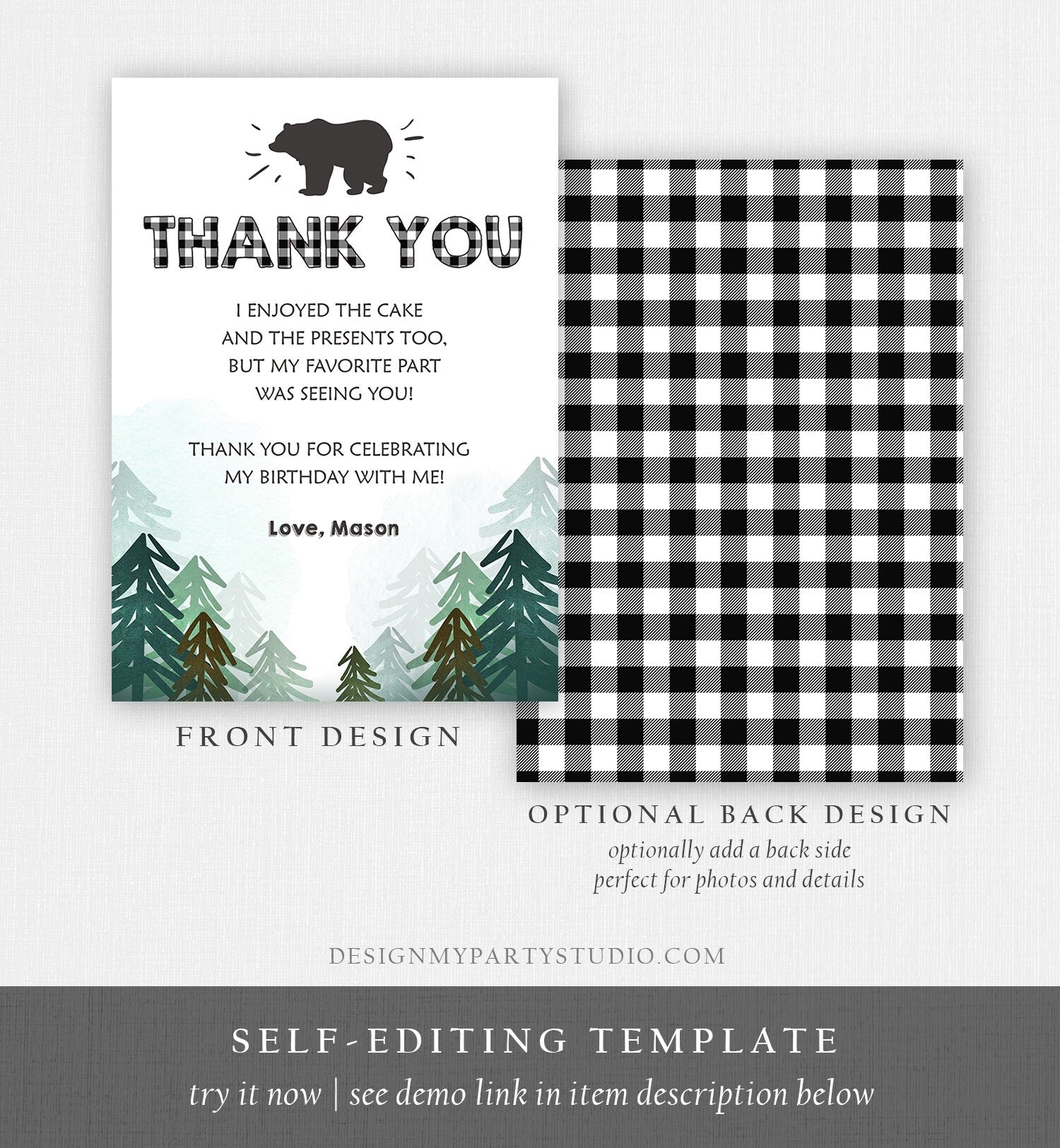 Editable Thank You Card Wild One Birthday Rustic Bear Birthday Trees Forest Black White Lumberjack Download Printable Template Corjl 0377