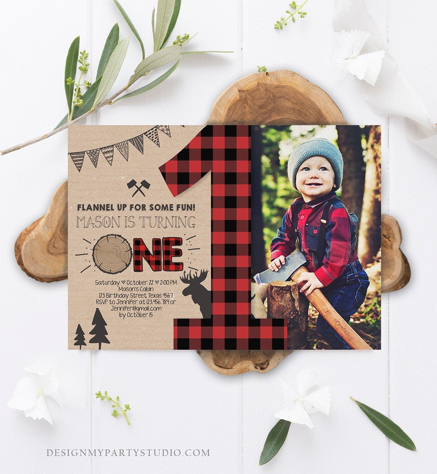 Editable Lumberjack Birthday Invitation Rustic Woodland Birthday Moose Deer Forest Red Plaid Instant Download Printable Template Corjl 0026