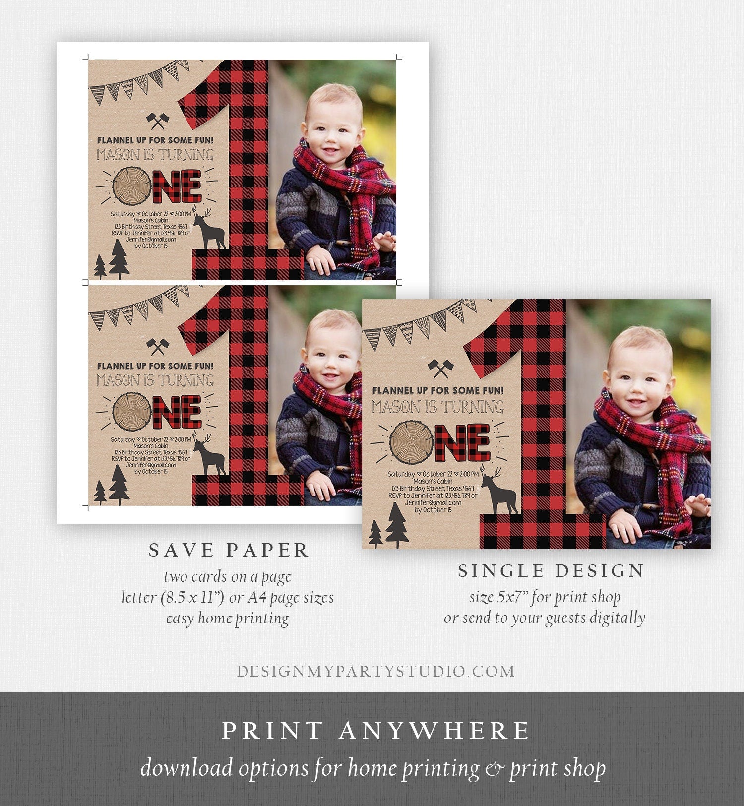 Editable Lumberjack Birthday Invitation Rustic Woodland Birthday Deer Forest Red Plaid Instant Download Printable Template Corjl 0026