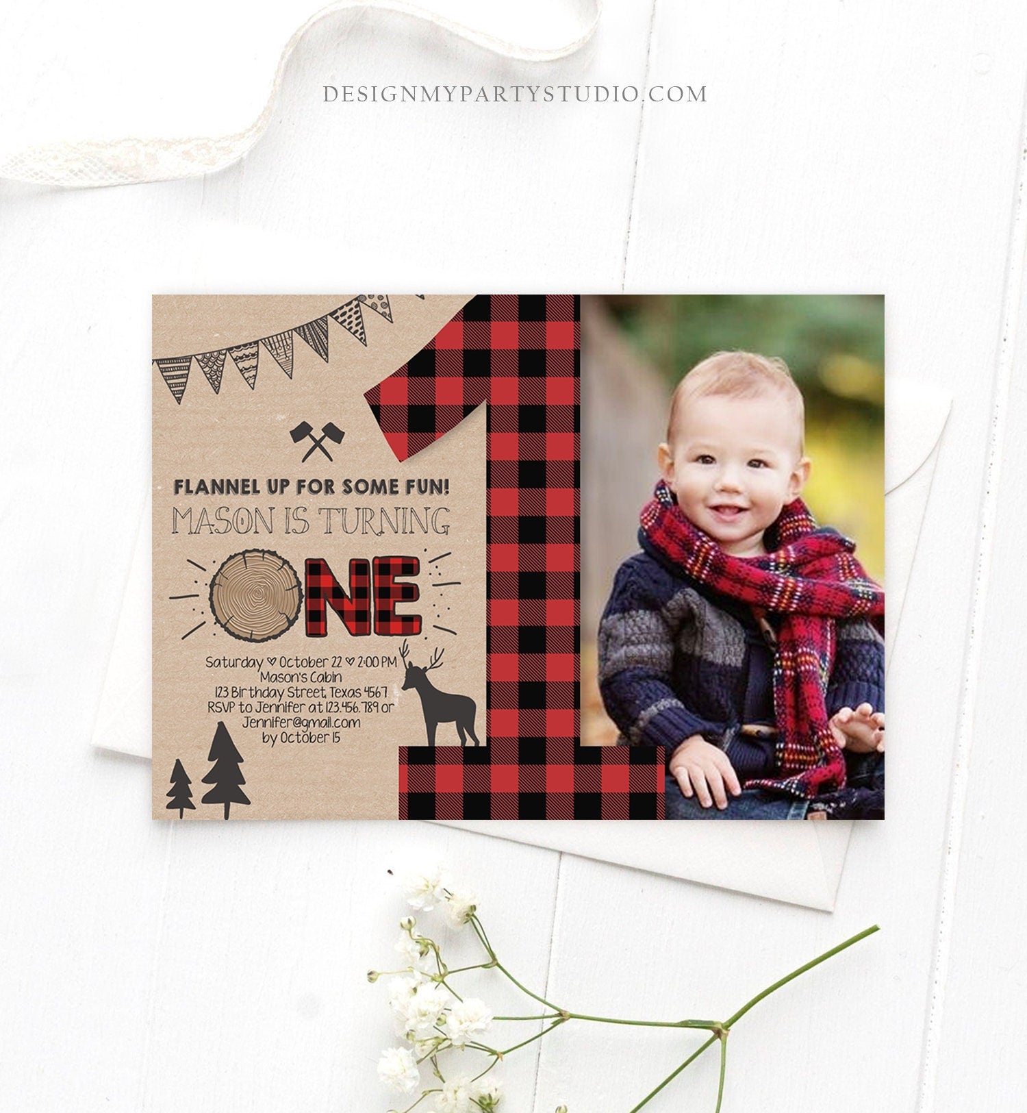 Editable Lumberjack Birthday Invitation Rustic Woodland Birthday Deer Forest Red Plaid Instant Download Printable Template Corjl 0026