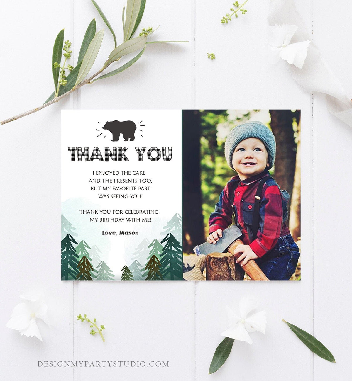 Editable Thank You Card Wild One Birthday Rustic Bear Birthday Trees Forest Black White Lumberjack Download Printable Template Corjl 0377