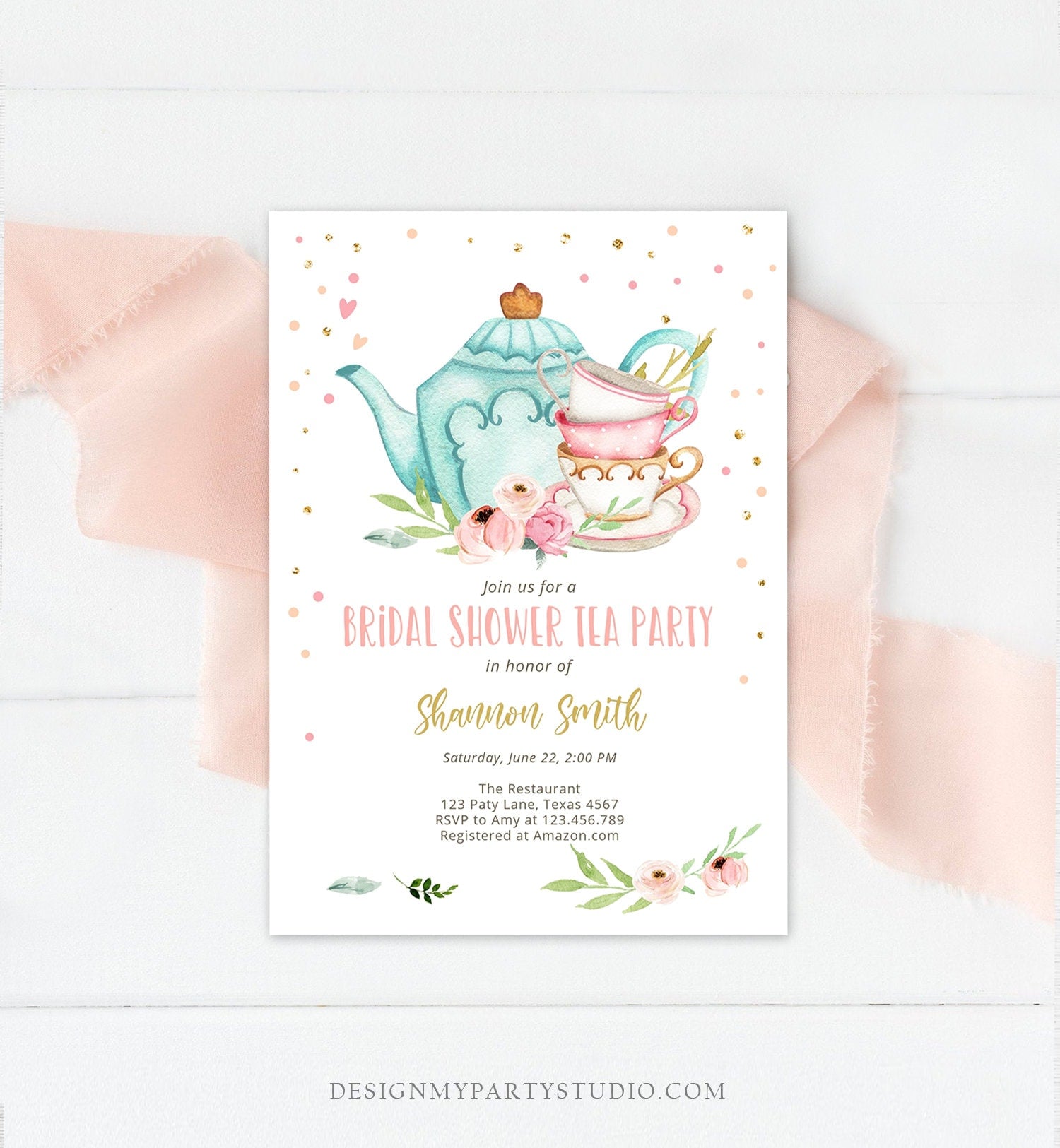 Editable Bridal Shower Tea Party Invitation Bridal Tea Shower Invite Pink Gold Floral Brunch Download Printable Template Corjl Digital 0349