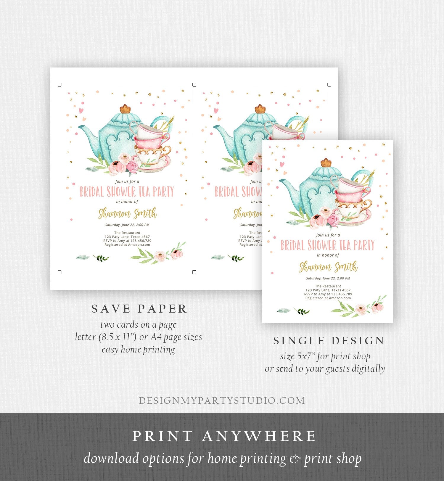 Editable Bridal Shower Tea Party Invitation Bridal Tea Shower Invite Pink Gold Floral Brunch Download Printable Template Corjl Digital 0349