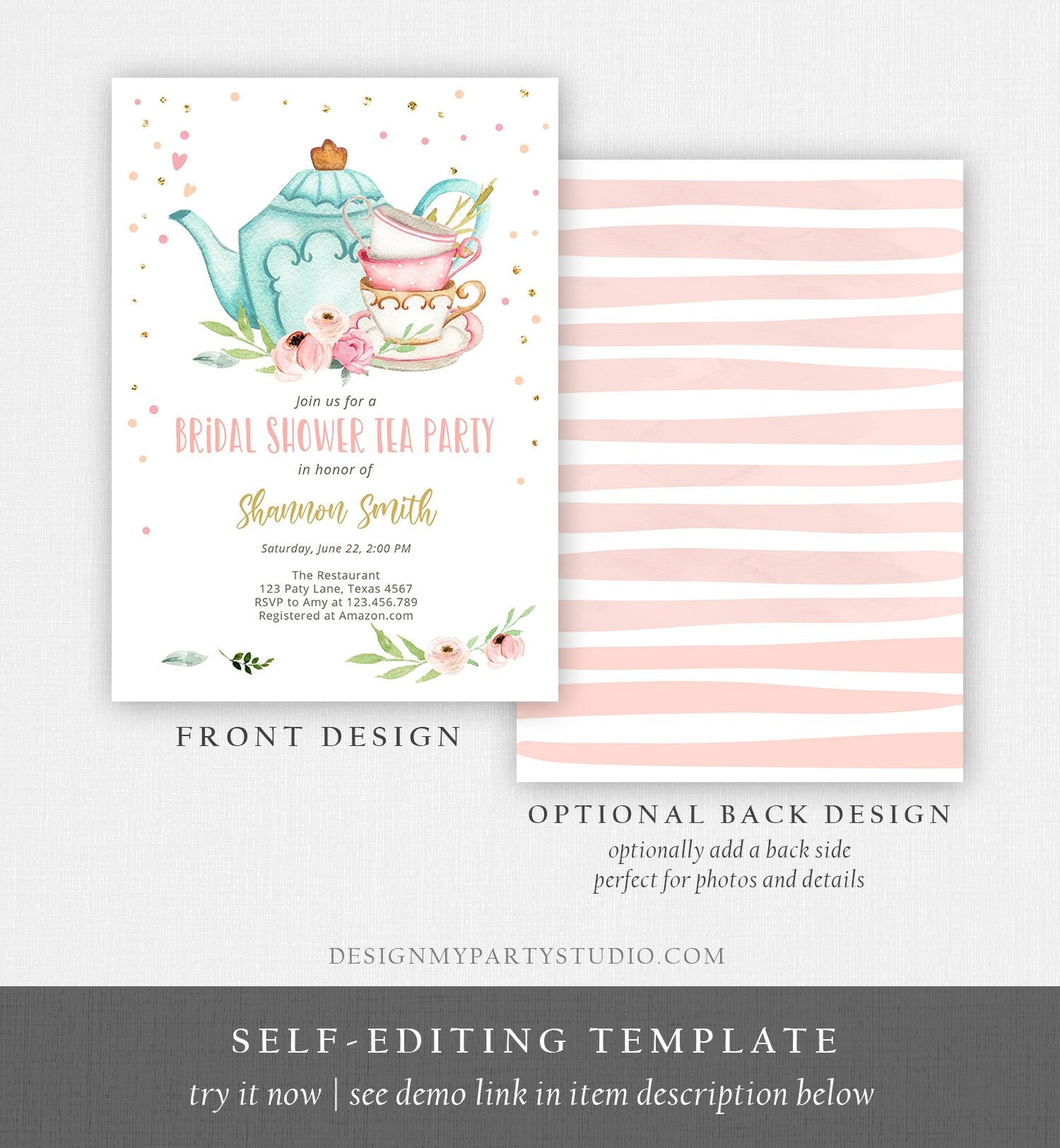 Editable Bridal Shower Tea Party Invitation Bridal Tea Shower Invite Pink Gold Floral Brunch Download Printable Template Corjl Digital 0349