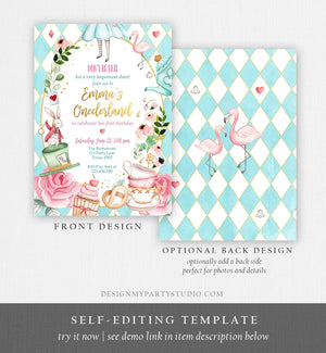 Editable Alice In Wonderland Birthday Invitation Girl First Birthday 1st Onederland Tea Party Pink Printable Template Corjl Digital 0350