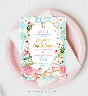 Editable Alice In Wonderland Birthday Invitation Girl First Birthday 1st Onederland Tea Party Pink Printable Template Corjl Digital 0350