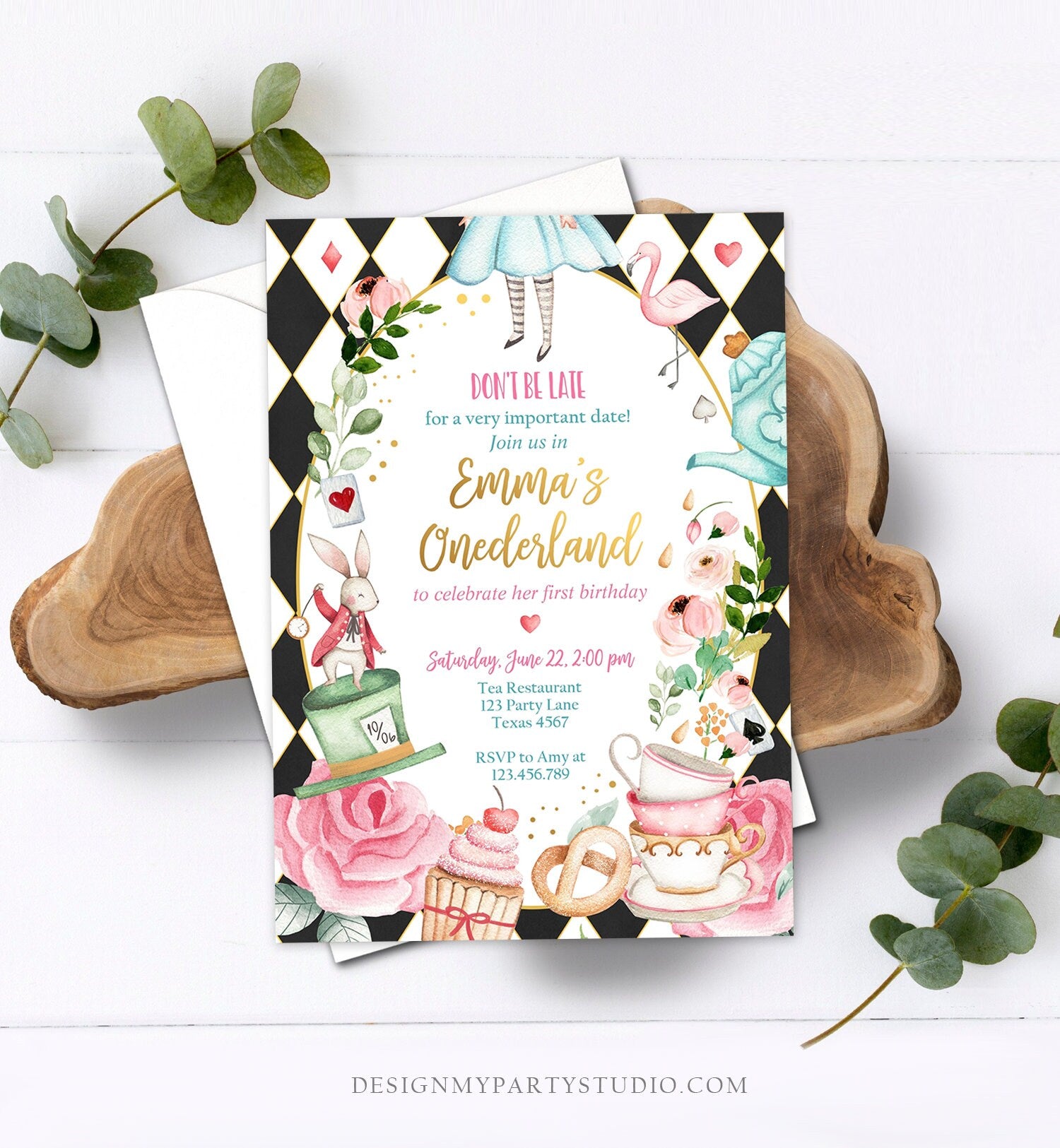 Editable Alice In Wonderland Birthday Invitation Girl First Birthday 1st Onederland Tea Party Pink Printable Template Corjl Digital 0350