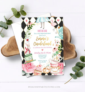 Editable Alice In Wonderland Birthday Invitation Girl First Birthday 1st Onederland Tea Party Pink Printable Template Corjl Digital 0350