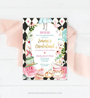 Editable Alice In Wonderland Birthday Invitation Girl First Birthday 1st Onederland Tea Party Pink Printable Template Corjl Digital 0350