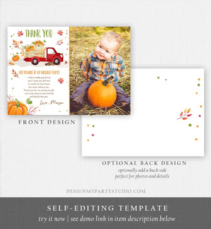 Editable Pumpkin Birthday Thank You Card Fall Pumpkin Truck Red Boy Birthday Party Red Green Orange Download Printable Template Corjl 0153