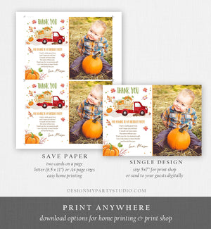 Editable Pumpkin Birthday Thank You Card Fall Pumpkin Truck Red Boy Birthday Party Red Green Orange Download Printable Template Corjl 0153