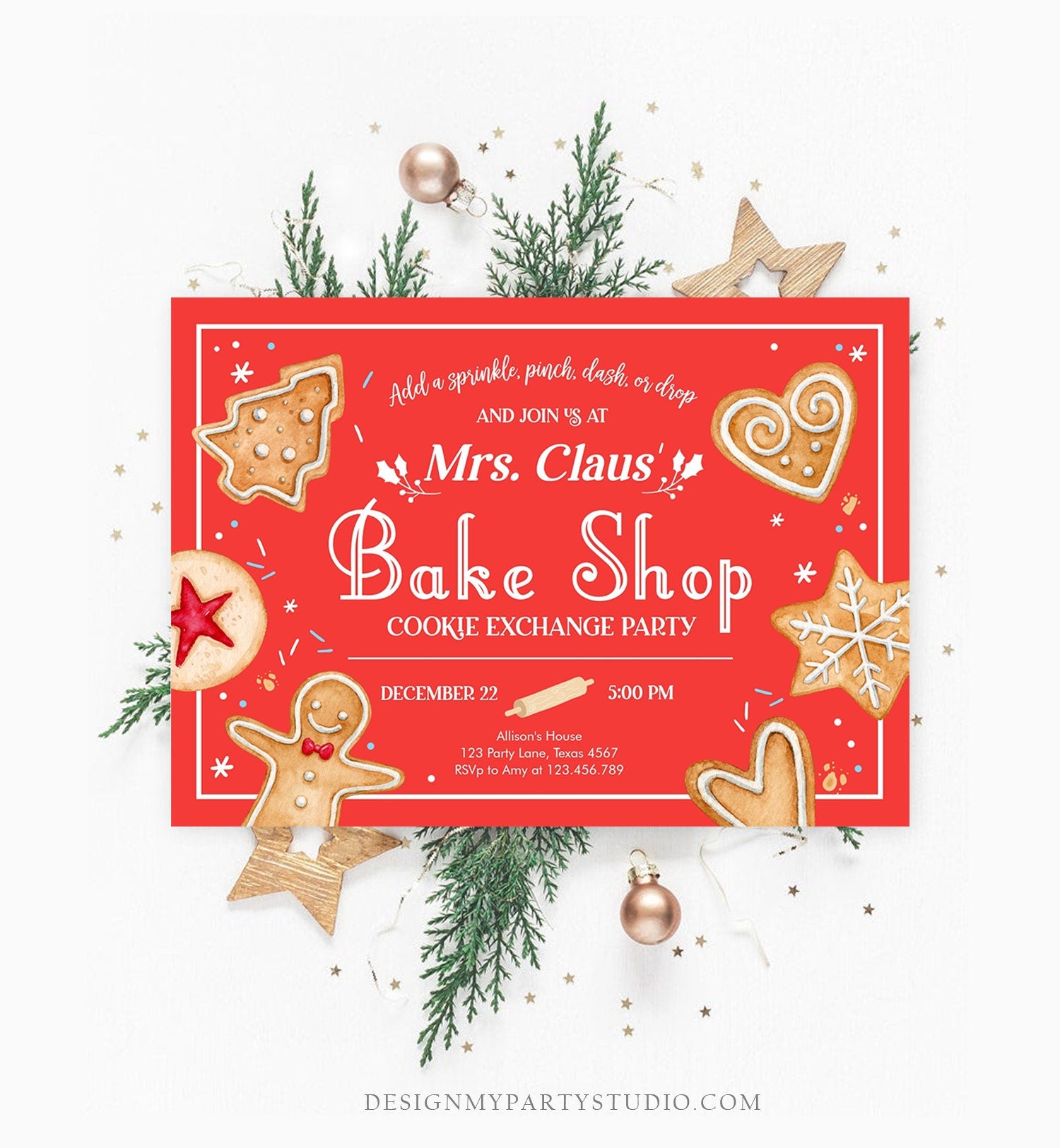 Editable Holiday Cookie Exchange Party Invitation Mrs. Claus Bake Shop Cookie Christmas Red Invite Download Printable Template Corjl 0360