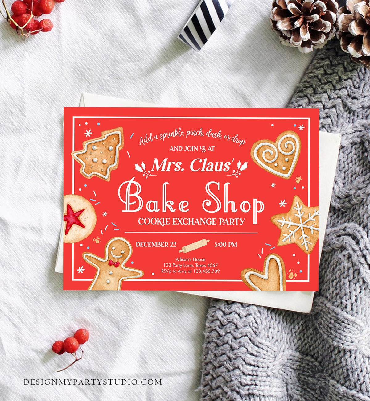 Editable Holiday Cookie Exchange Party Invitation Mrs. Claus Bake Shop Cookie Christmas Red Invite Download Printable Template Corjl 0360