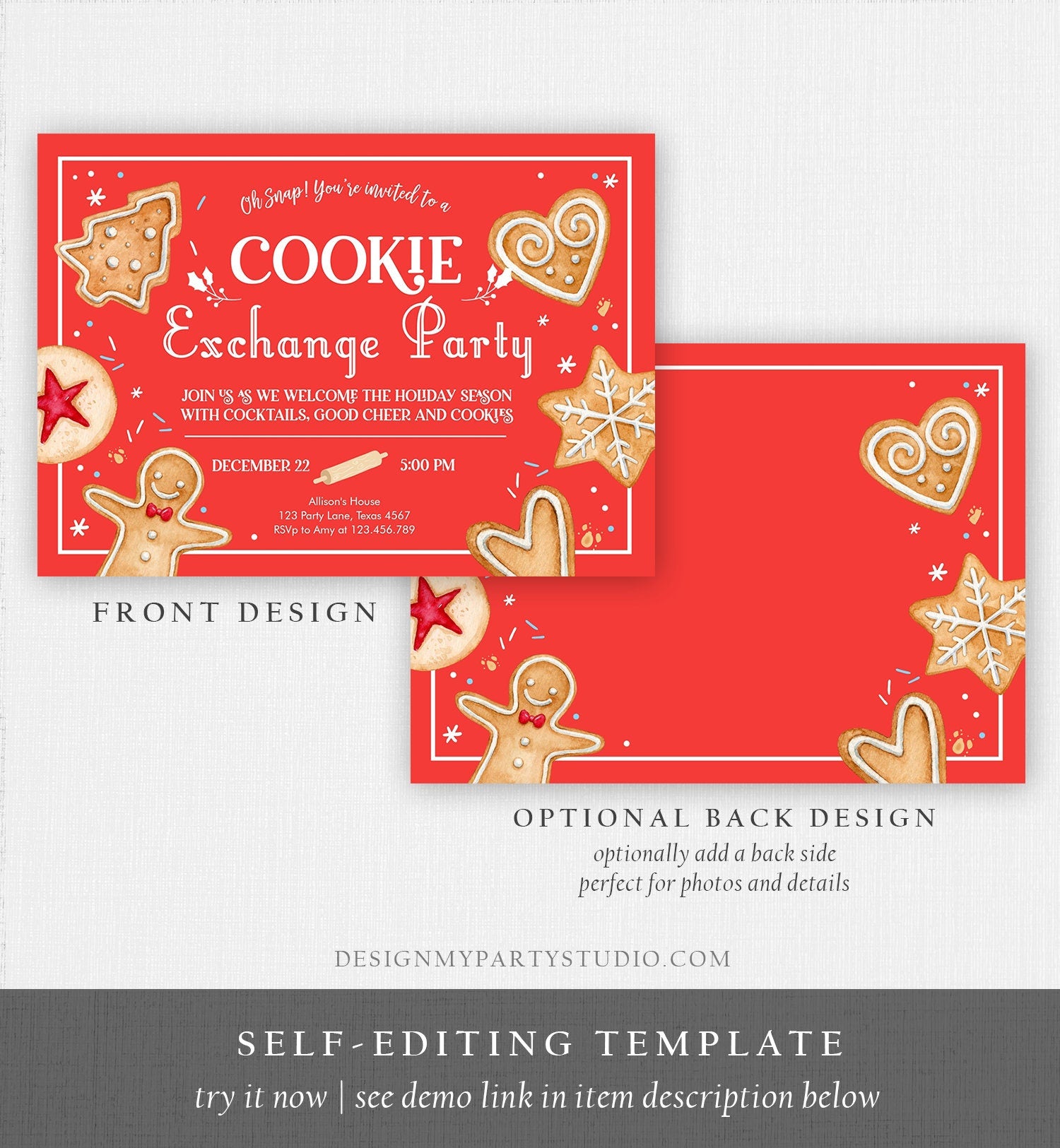 Editable Holiday Cookie Exchange Party Invitation Oh Snap Cookie Christmas Holiday Party Red Invite Download Printable Template Corjl 0360