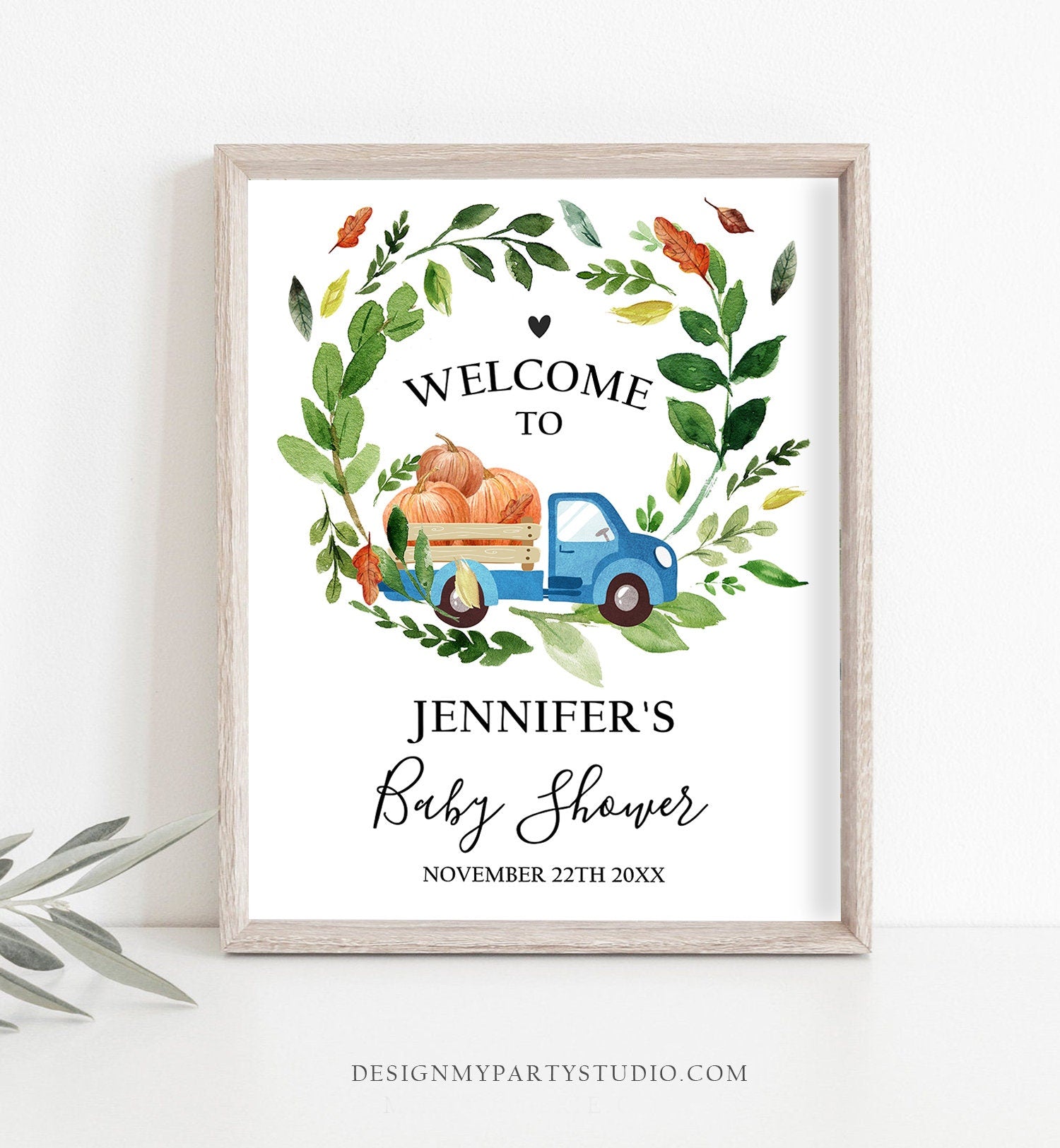 Editable Pumpkin Welcome Sign Pumpkin Truck Birthday Fall Baby Shower Fall Party Welcome 1st Birthday Boy Blue Template Corjl PRINTABLE 0153