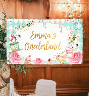 Editable Alice in Onederland Birthday Backdrop Alice in Wonderland Girl Pink First Birthday 1st Mad Tea Party Corjl Template Printable 0350