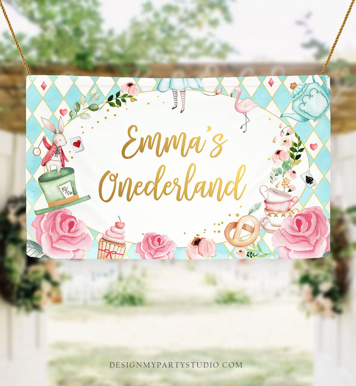 Editable Alice in Onederland Birthday Backdrop Alice in Wonderland Girl Pink First Birthday 1st Mad Tea Party Corjl Template Printable 0350