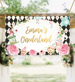 Editable Alice in Onederland Birthday Backdrop Alice in Wonderland Girl Pink First Birthday 1st Mad Tea Party Corjl Template Printable 0350