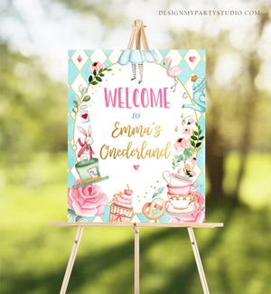 Editable Alice in Wonderland Welcome Sign Alice in Onederland Birthday Sign Girl Pink Mad Tea Party Shower Template Corjl PRINTABLE 0350