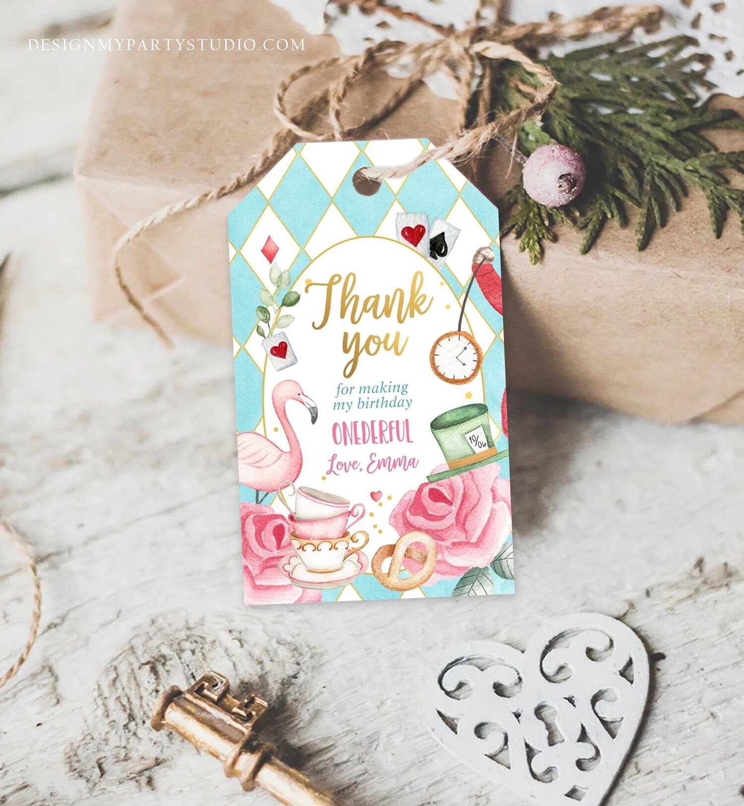 Editable Alice in Wonderland Favor Tags Alice in Onederland Thank You Tags Girl 1st Birthday Tea Party Gift Tag Digital Corjl Template 0350