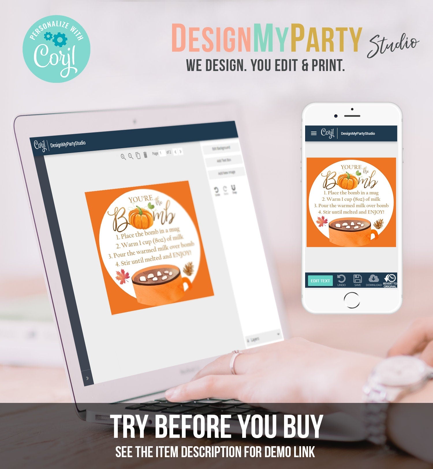 Editable Fall Hot Chocolate Bomb Tags Bomb Instructions Thanksgiving Pumpkin Orange Favor Tags You're The Bomb Tag Digital PRINTABLE 0353