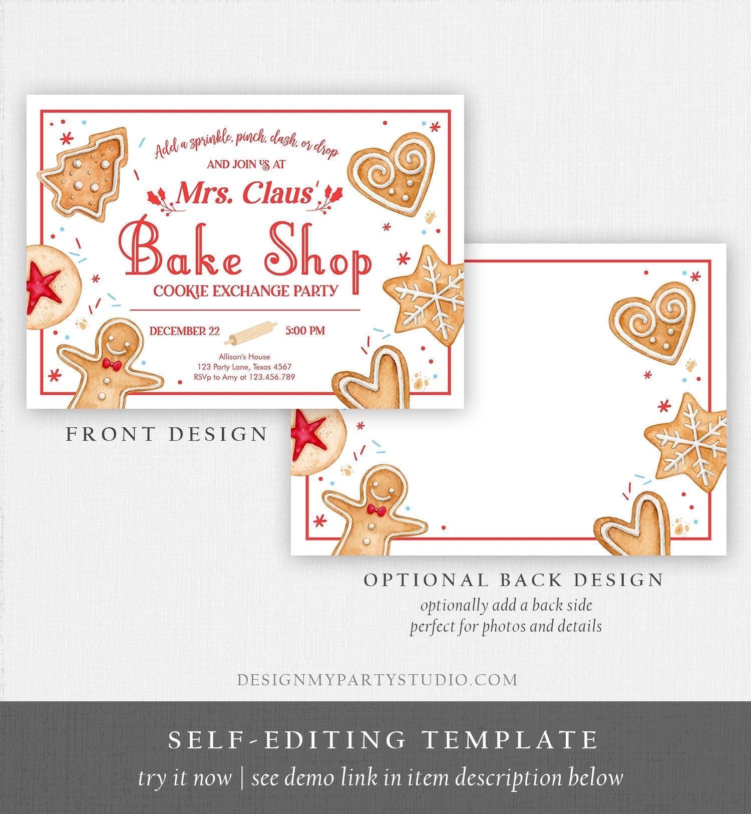 Editable Holiday Cookie Exchange Party Invitation Mrs. Claus Bake Shop Cookie Christmas Red Invite Download Printable Template Corjl 0360