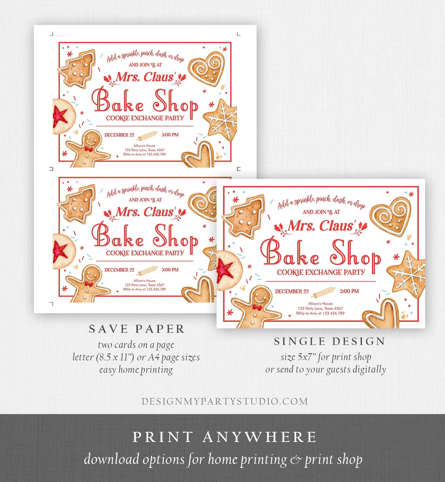 Editable Holiday Cookie Exchange Party Invitation Mrs. Claus Bake Shop Cookie Christmas Red Invite Download Printable Template Corjl 0360