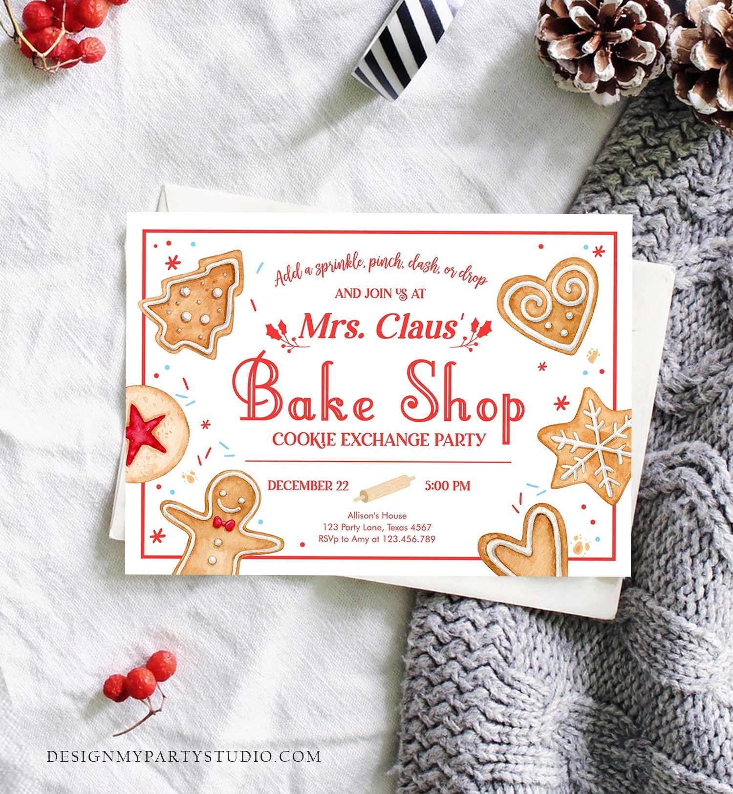 Editable Holiday Cookie Exchange Party Invitation Mrs. Claus Bake Shop Cookie Christmas Red Invite Download Printable Template Corjl 0360