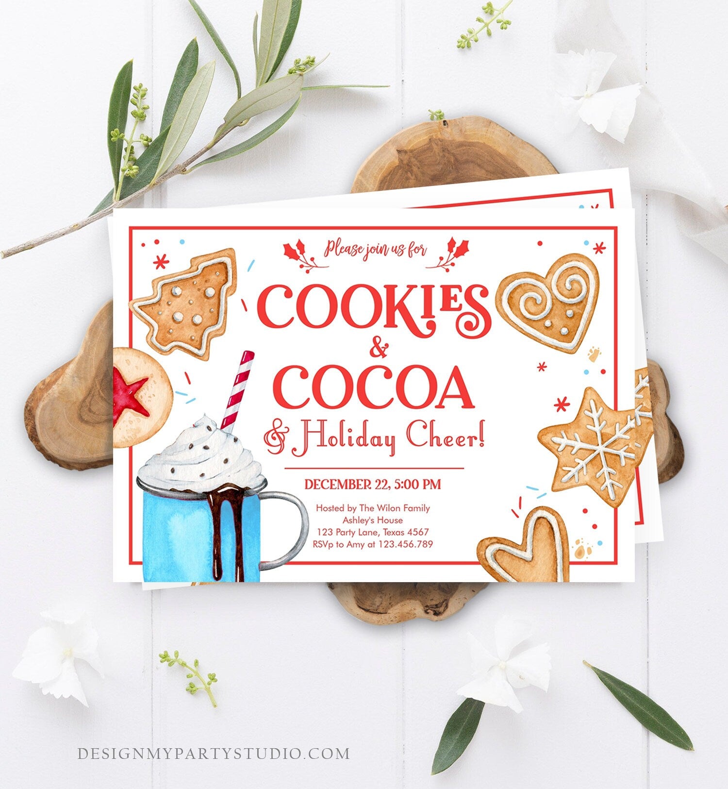 Editable Cookies and Cocoa Invitation Hot Cocoa Party Invite Hot Chocolate Holiday Cookie Exchange Download Printable Template Corjl 0360