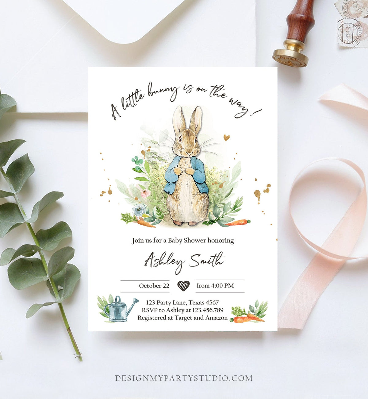 Editable Peter Rabbit Baby Shower Invitation Boy Blue Rustic Peter Rabbit Invitation Spring Sprinkle Digital Corjl Template Printable 0351