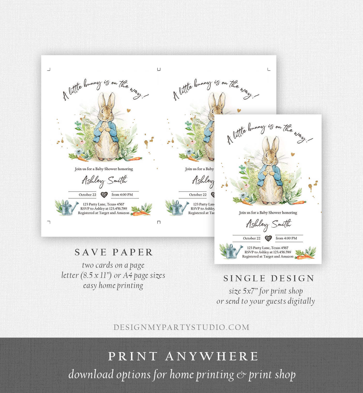 Editable Peter Rabbit Baby Shower Invitation Boy Blue Rustic Peter Rabbit Invitation Spring Sprinkle Digital Corjl Template Printable 0351