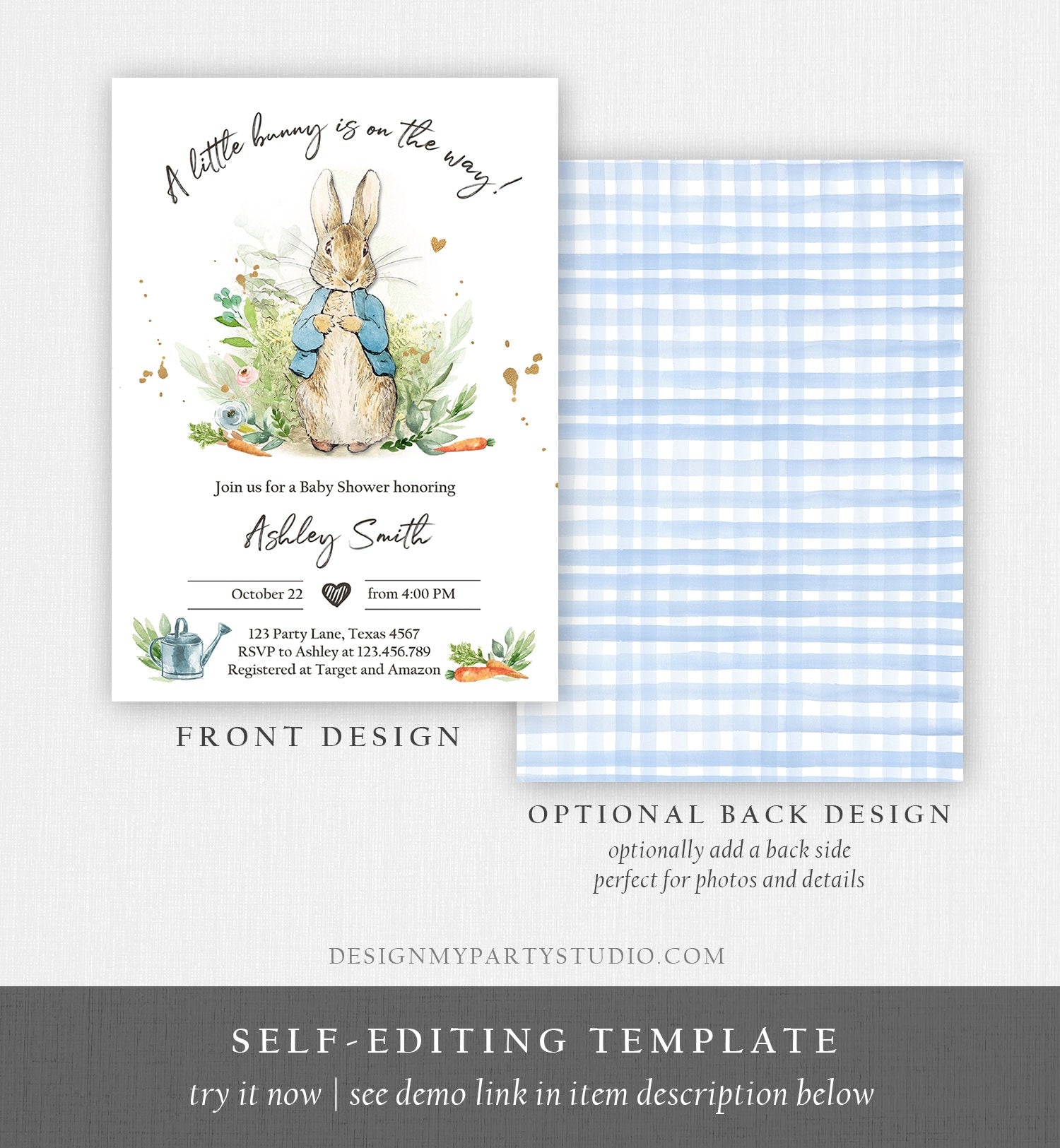 Editable Peter Rabbit Baby Shower Invitation Boy Blue Rustic Peter Rabbit Invitation Spring Sprinkle Digital Corjl Template Printable 0351