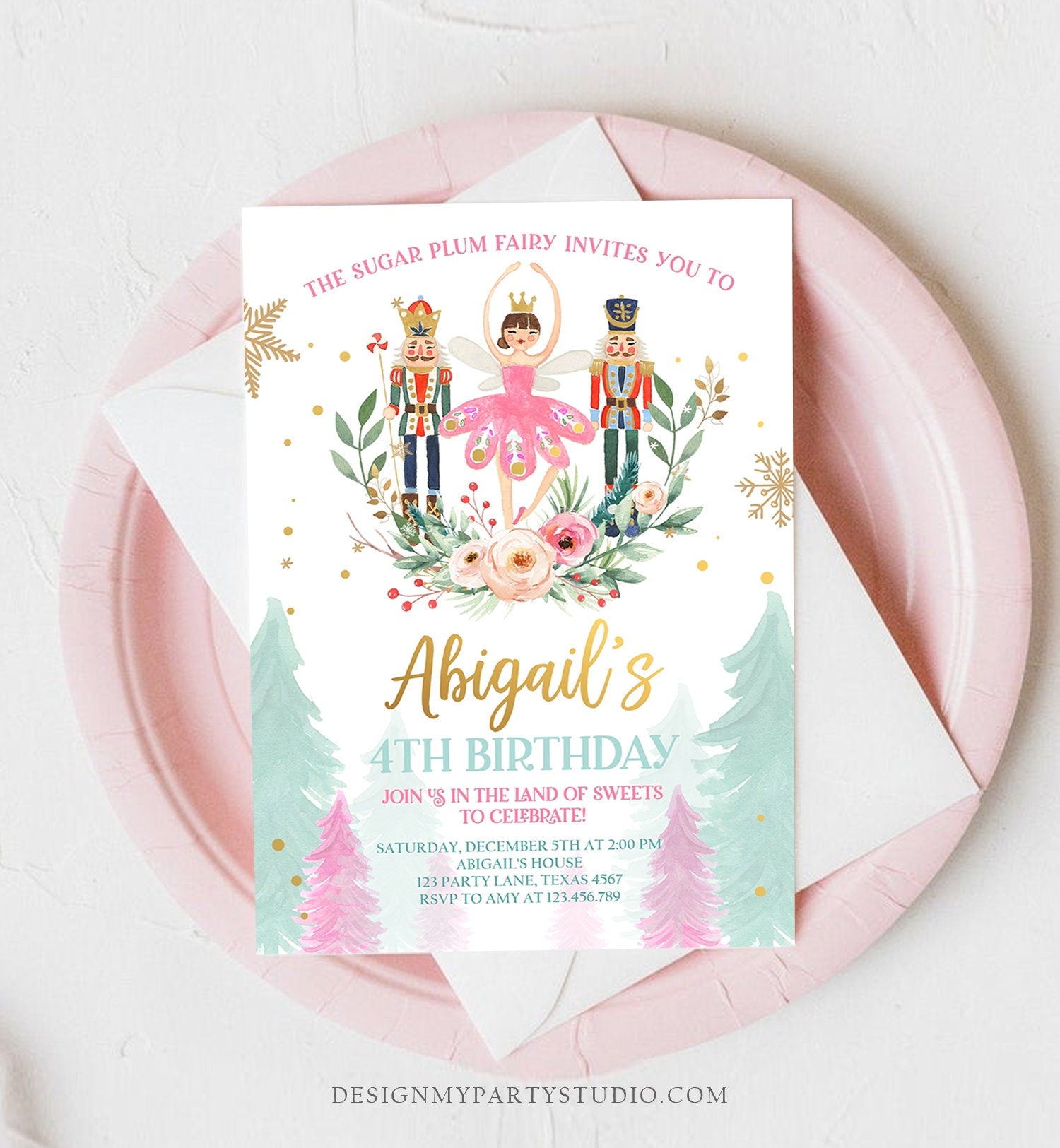 Editable Nutcracker Birthday Invitation Ballet Christmas Birthday Invite Pink Girl Sugar Plum Fairy Download Printable Template Corjl 0352