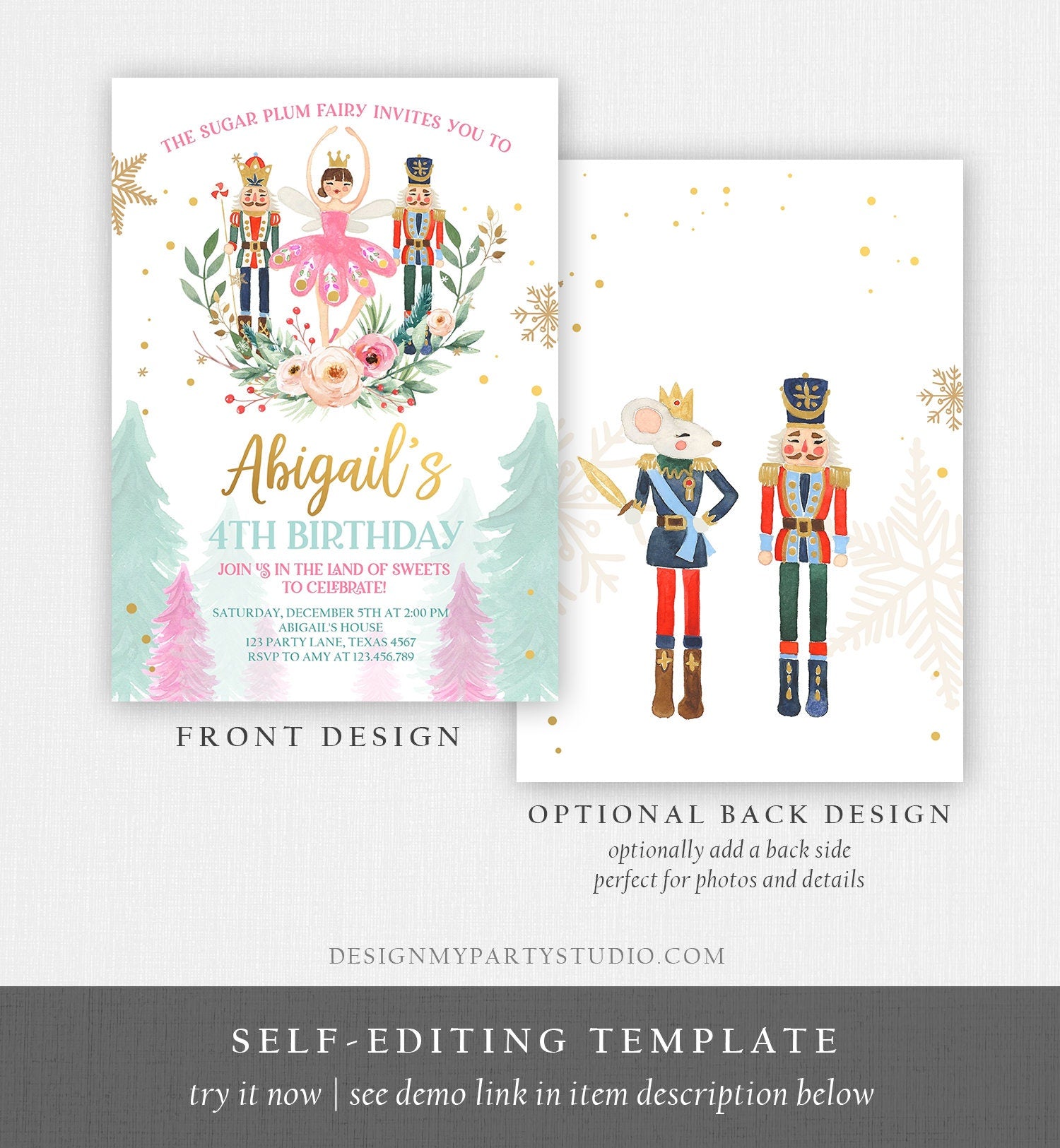 Editable Nutcracker Birthday Invitation Ballet Christmas Birthday Invite Pink Girl Sugar Plum Fairy Download Printable Template Corjl 0352