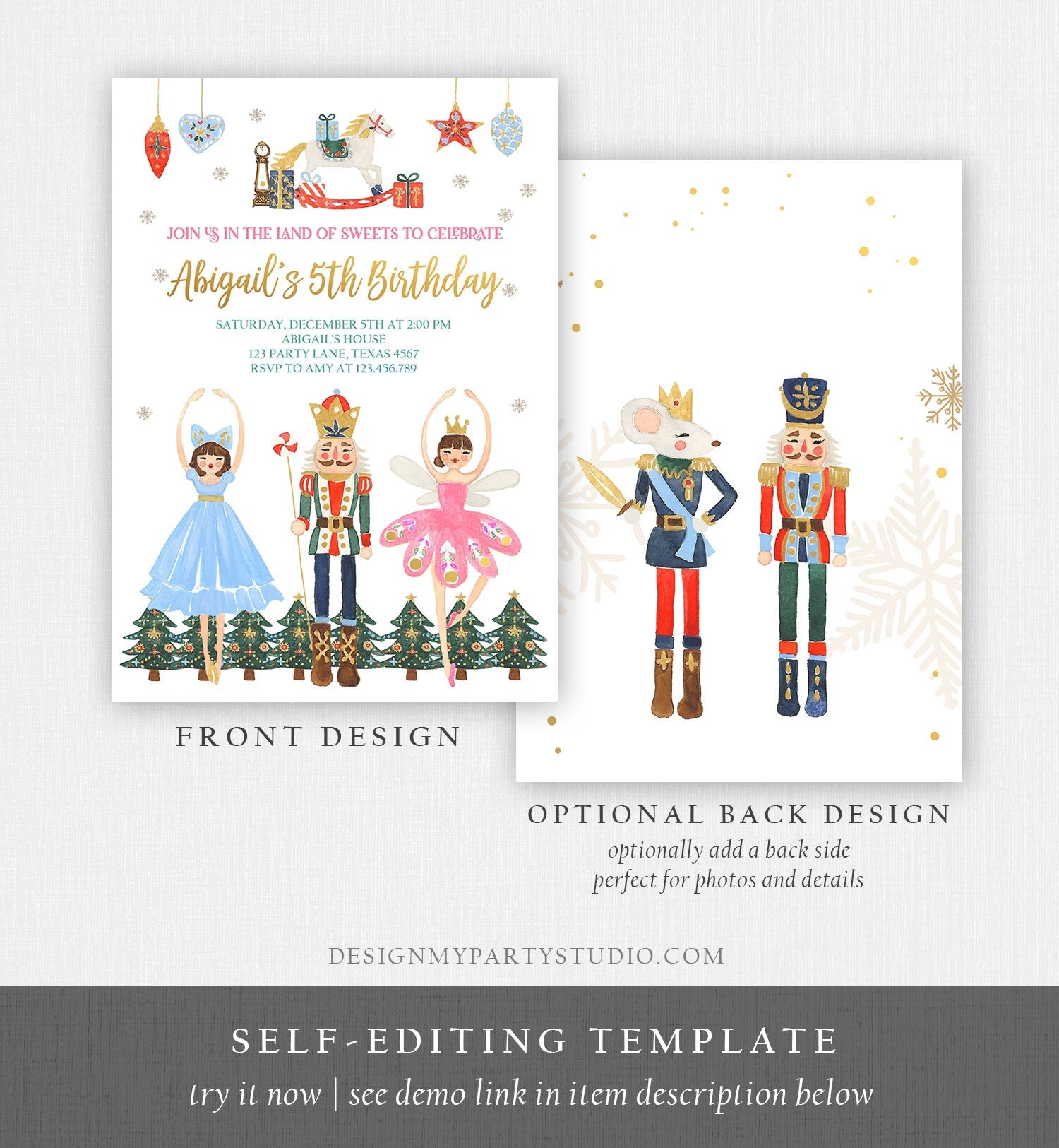 Editable Nutcracker Birthday Invitation Ballet Christmas Birthday Invite Pink Girl Sugar Plum Fairy Download Printable Template Corjl 0352