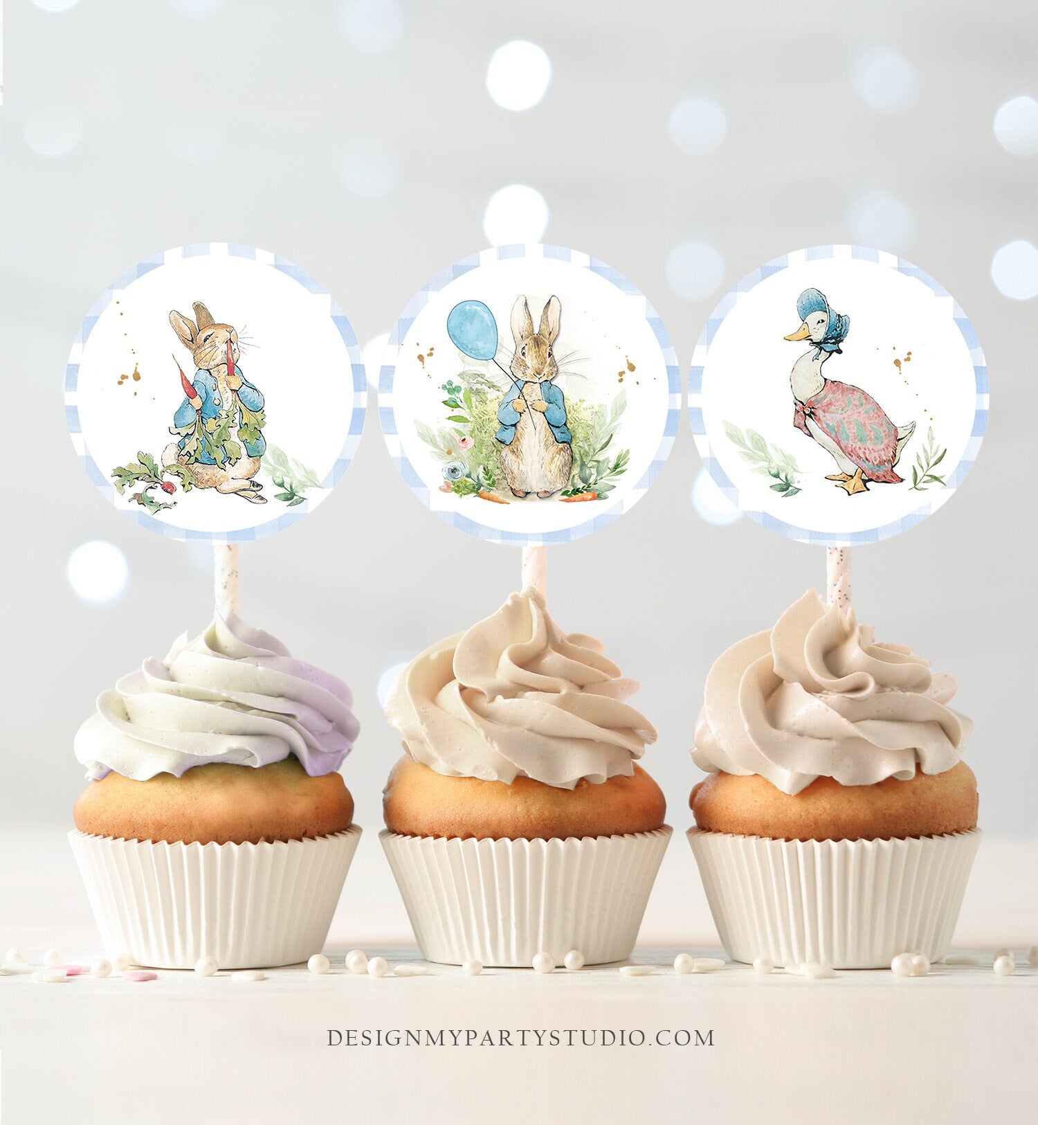 Peter Rabbit Cupcake Toppers Peter Rabbit 1st Birthday Party Decorations Boy Bunny Blue Stickers Tags download Digital PRINTABLE 0351