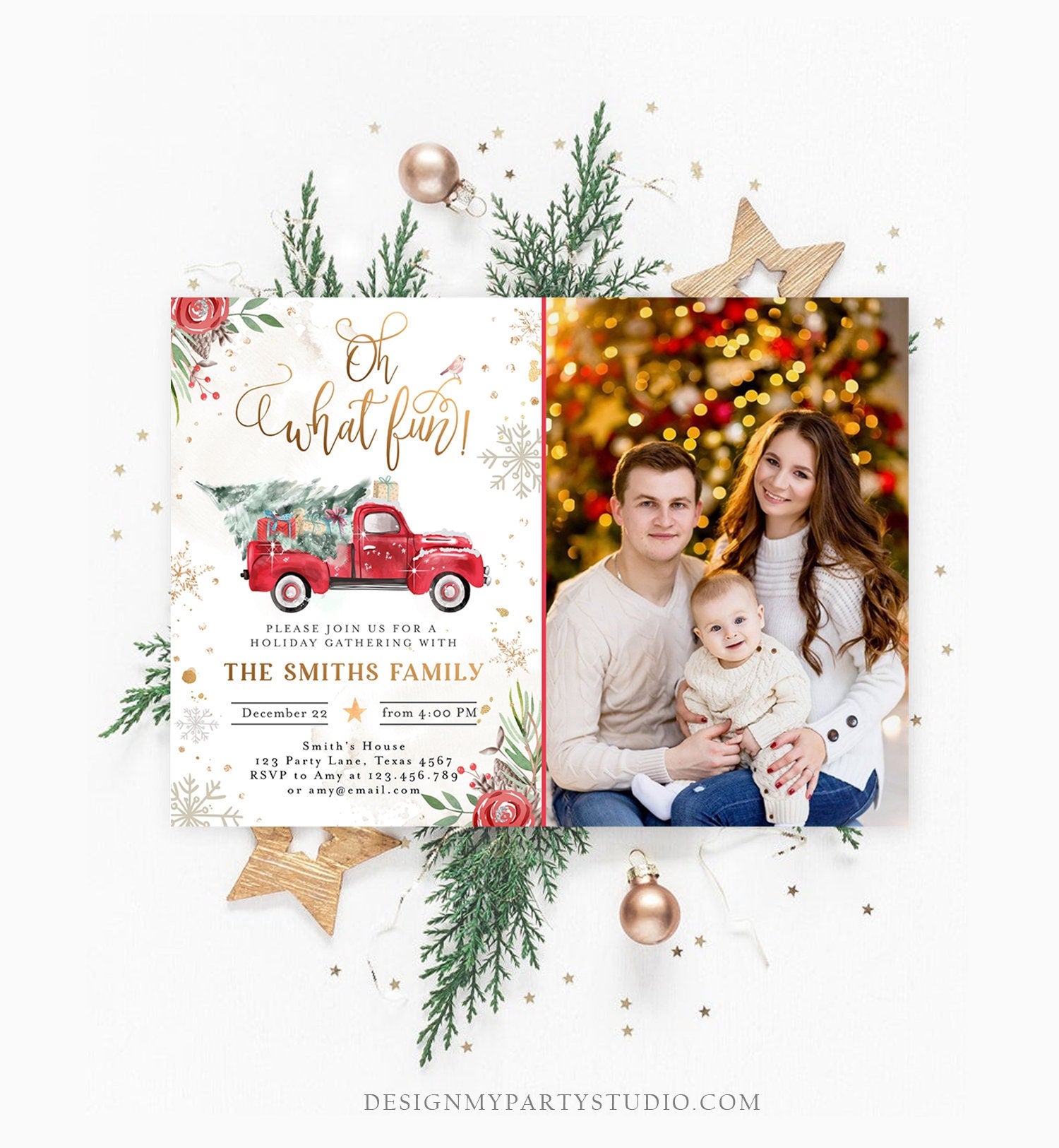 Editable Oh What Fun! Holiday Party Christmas Party Invitation Red Truck Tree Winter Birthday Personalized Printable Template Corjl 0356