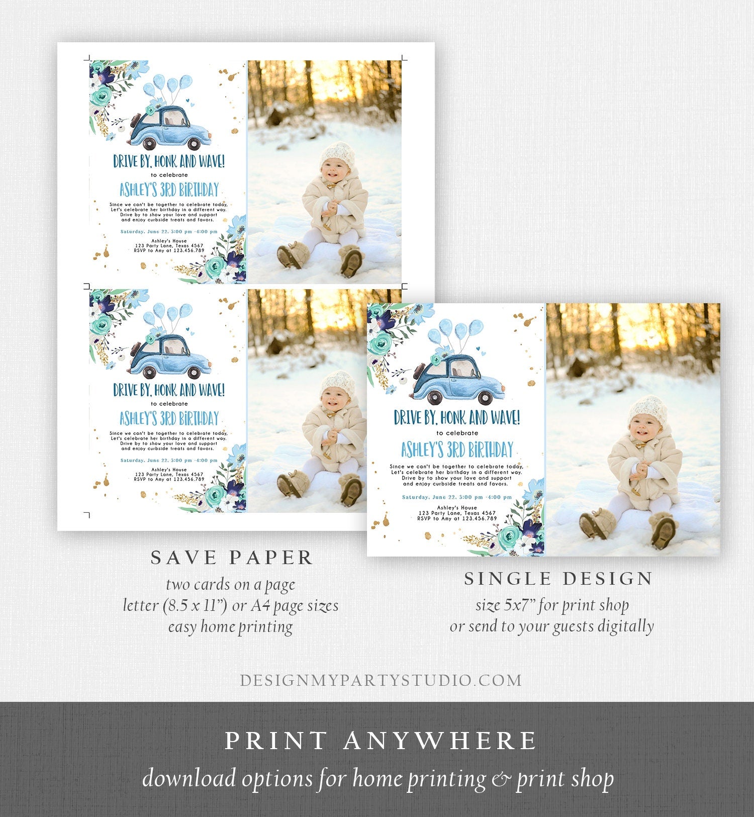 Editable Drive By Birthday Parade Invitation Virtual Party Invite Honk Wave Car Girl Blue Quarantine Through Download Digital Corjl 0335