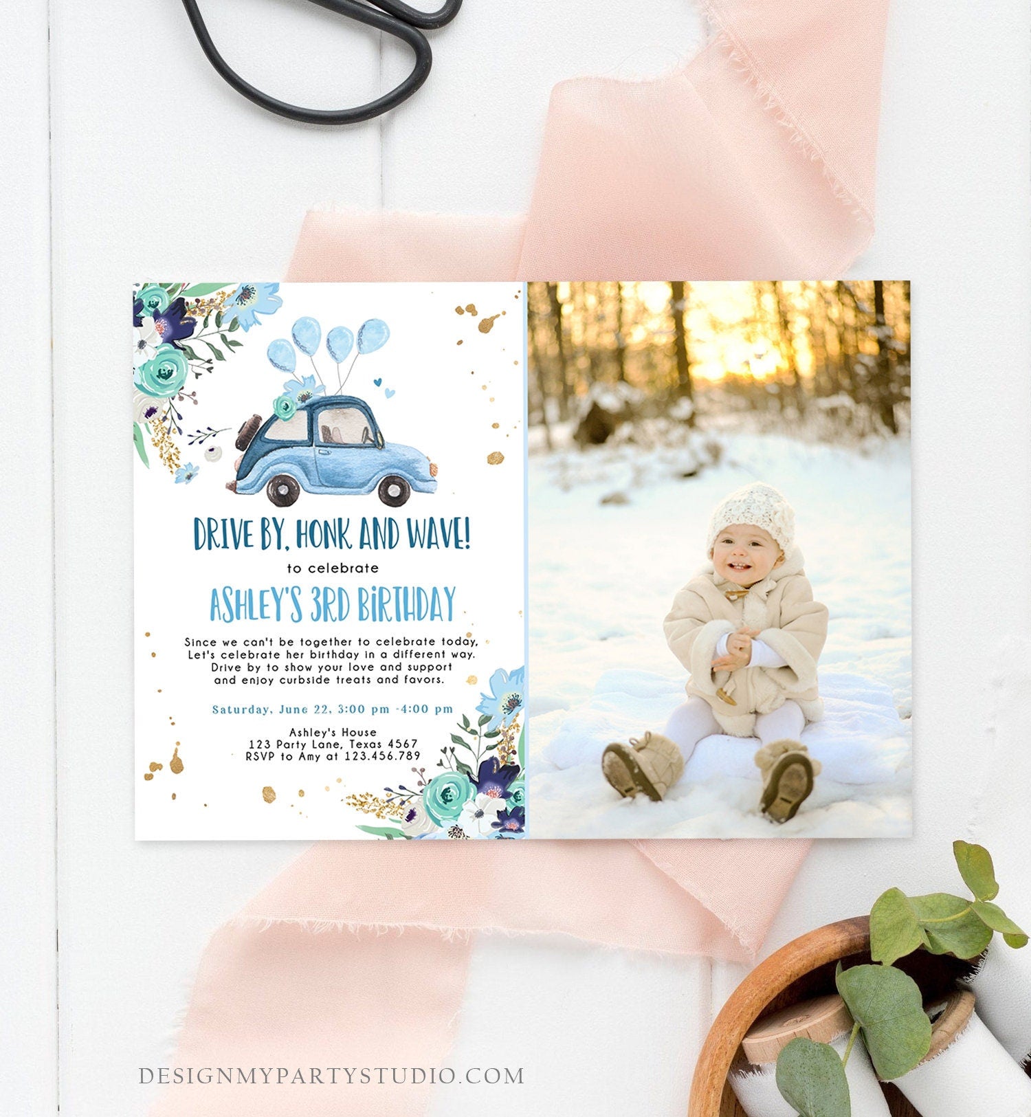 Editable Drive By Birthday Parade Invitation Virtual Party Invite Honk Wave Car Girl Blue Quarantine Through Download Digital Corjl 0335