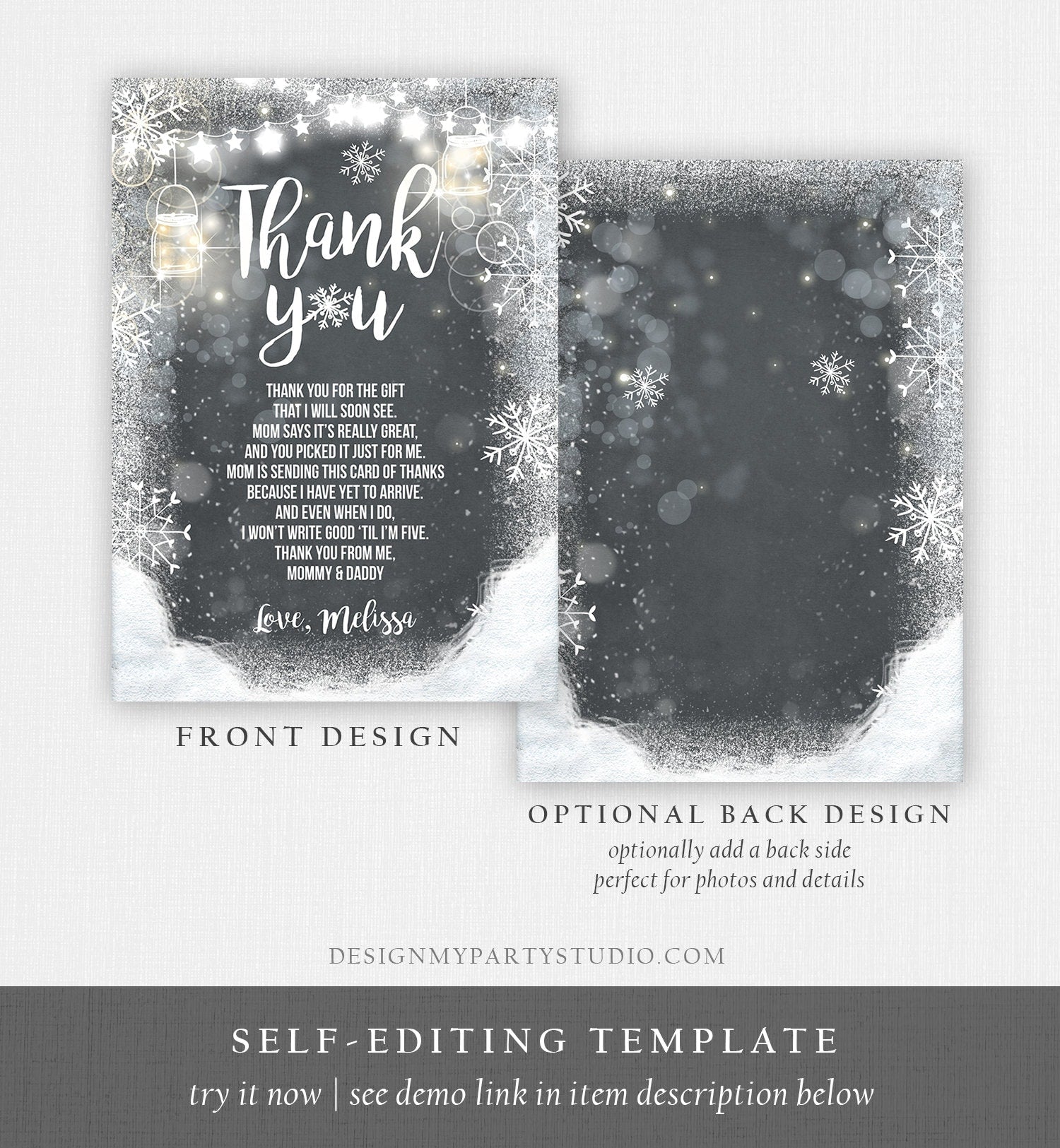 Editable Winter Thank You Card Baby Its Cold Outside Baby Shower Thank you note Winter Rustic Snowflakes Lights Template Download Corjl 0031