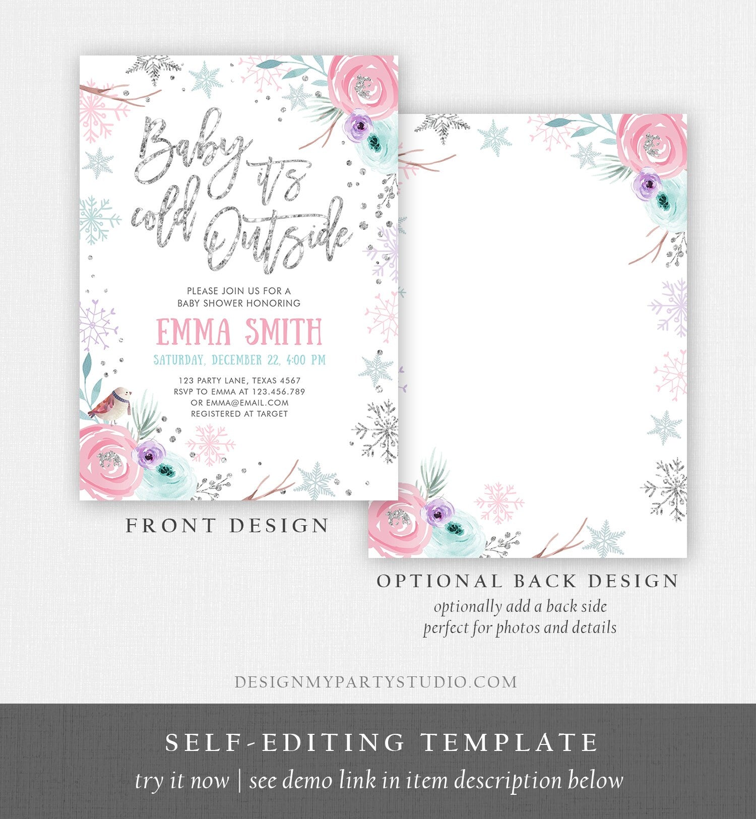 Editable Baby It's Cold Outside Winter Baby Shower Invitation Snowflakes Gender Neutral Pink Girl Template Instant Download Corjl 0256