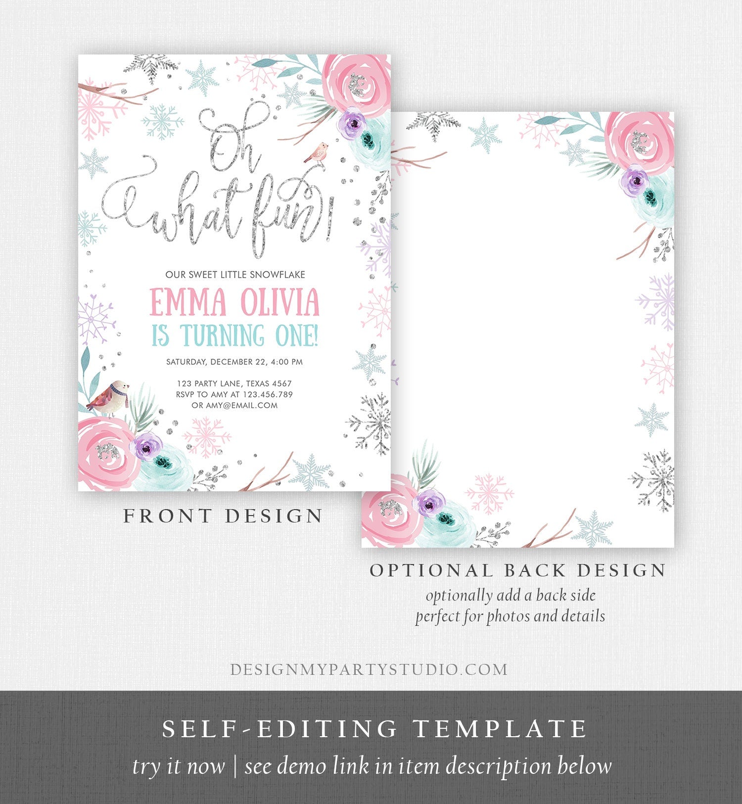 Editable Oh What Fun Birthday Invitation Winter Onederland First Birthday Snowflake Pink Silver Purple Floral Printable Template Corjl 0256