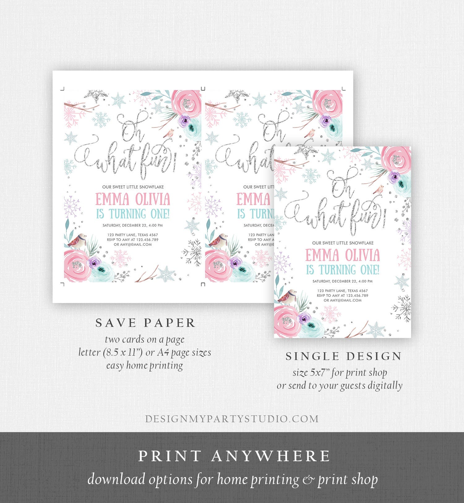 Editable Oh What Fun Birthday Invitation Winter Onederland First Birthday Snowflake Pink Silver Purple Floral Printable Template Corjl 0256