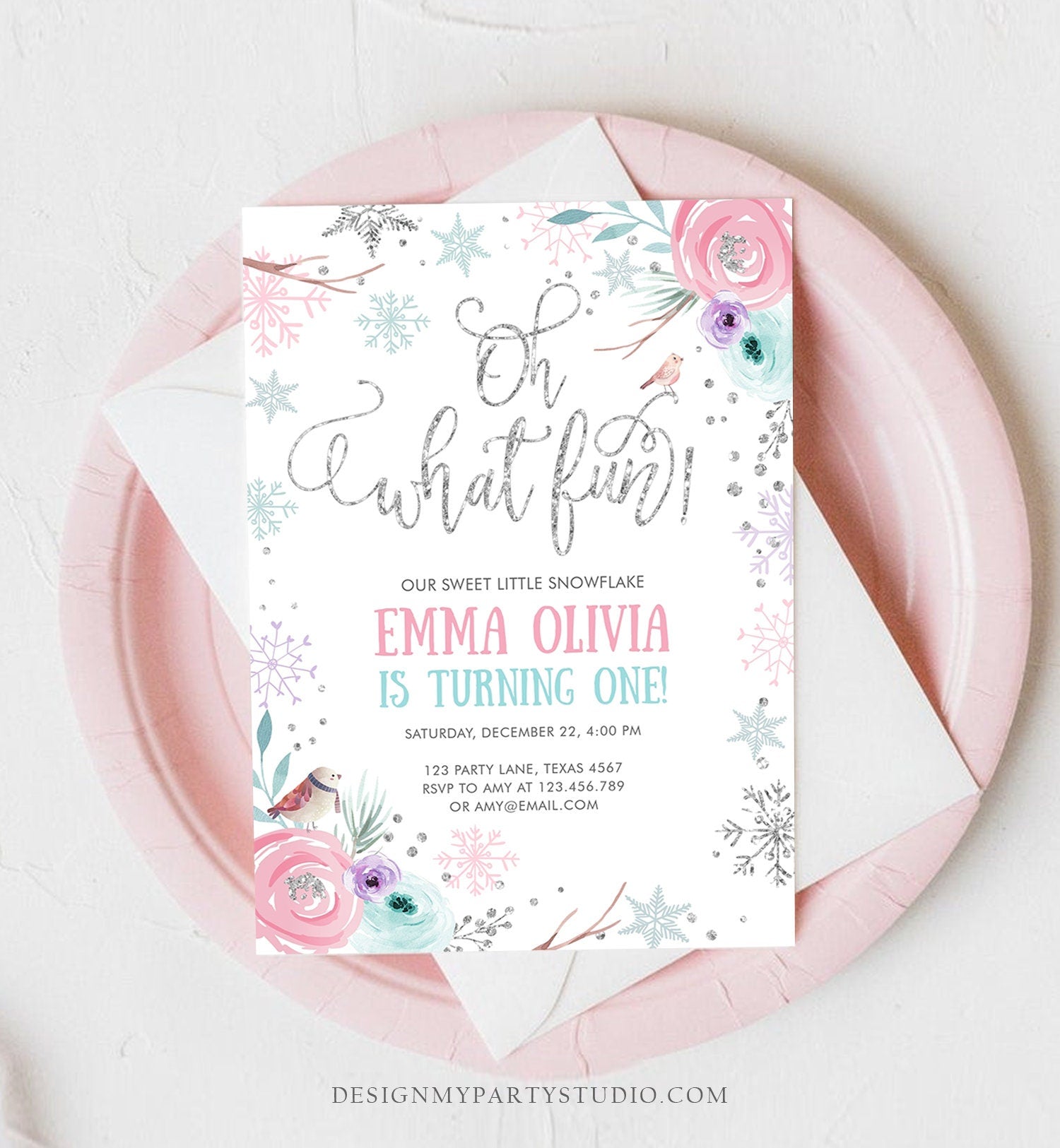 Editable Oh What Fun Birthday Invitation Winter Onederland First Birthday Snowflake Pink Silver Purple Floral Printable Template Corjl 0256