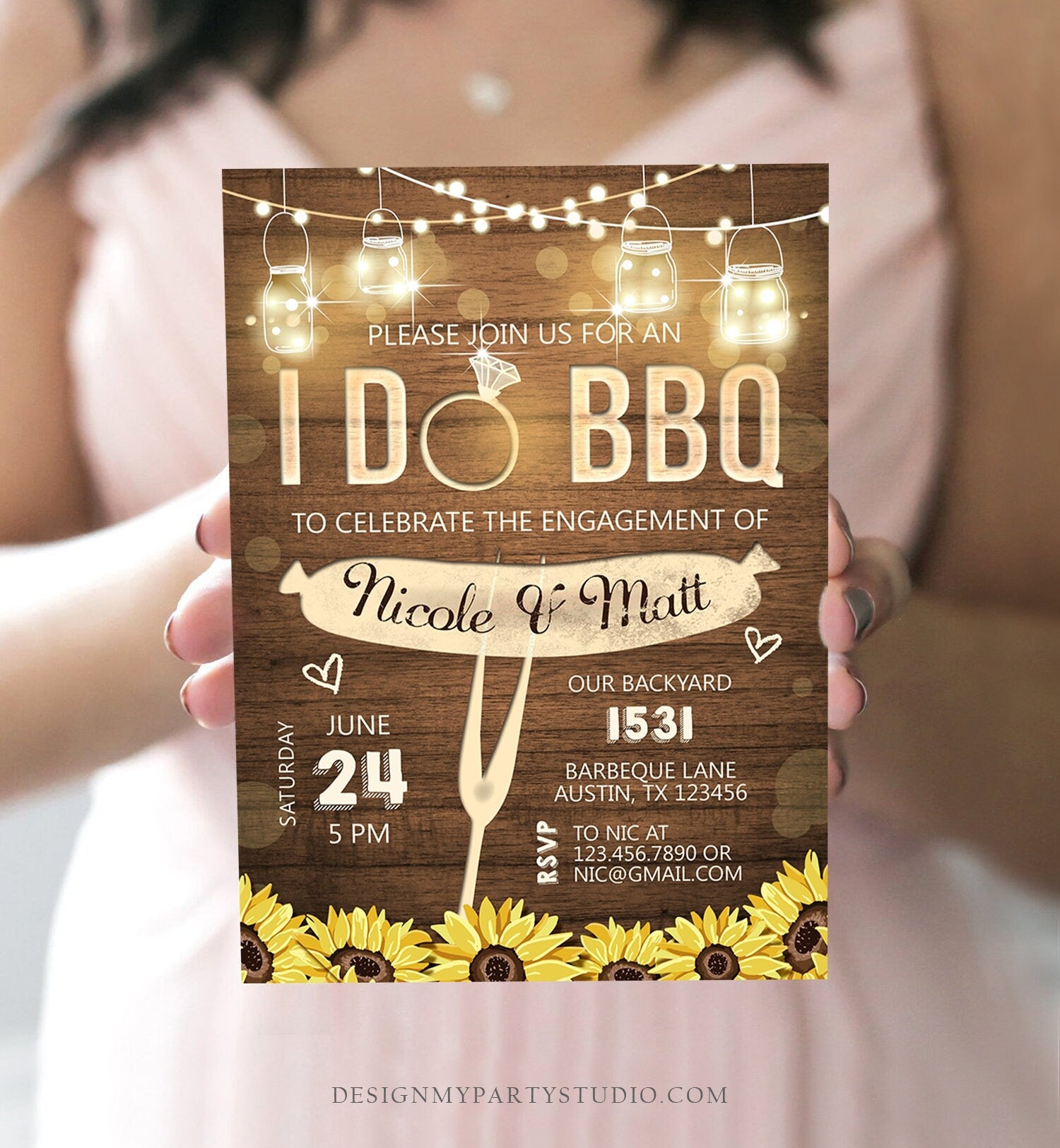 Editable I Do BBQ Invitation Couples Shower Invite Engagement Party Rustic Wood Lights Sunflowers Printable Template Corjl Digital 0015