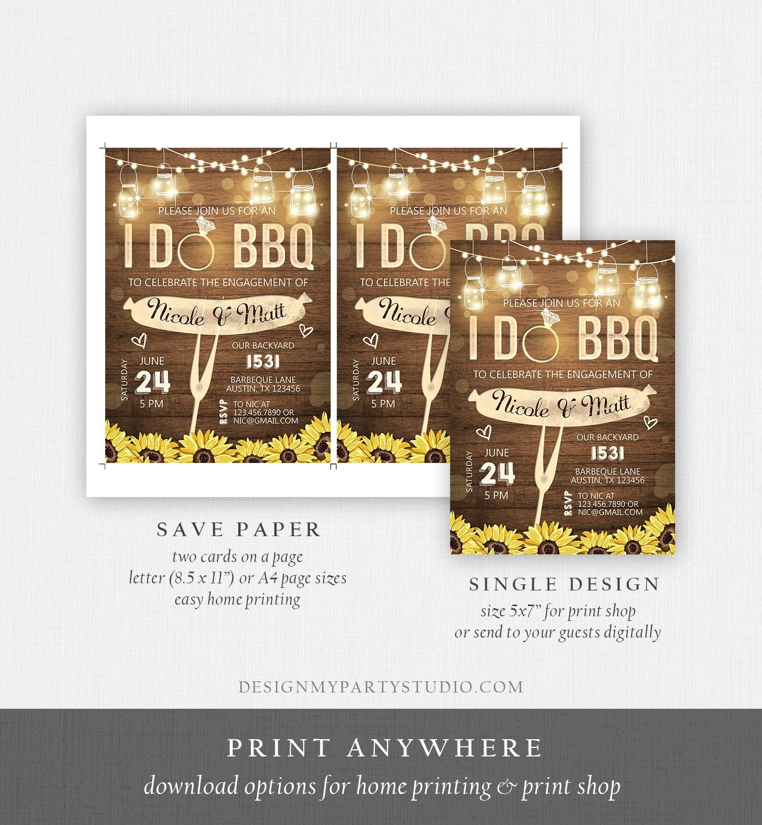 Editable I Do BBQ Invitation Couples Shower Invite Engagement Party Rustic Wood Lights Sunflowers Printable Template Corjl Digital 0015