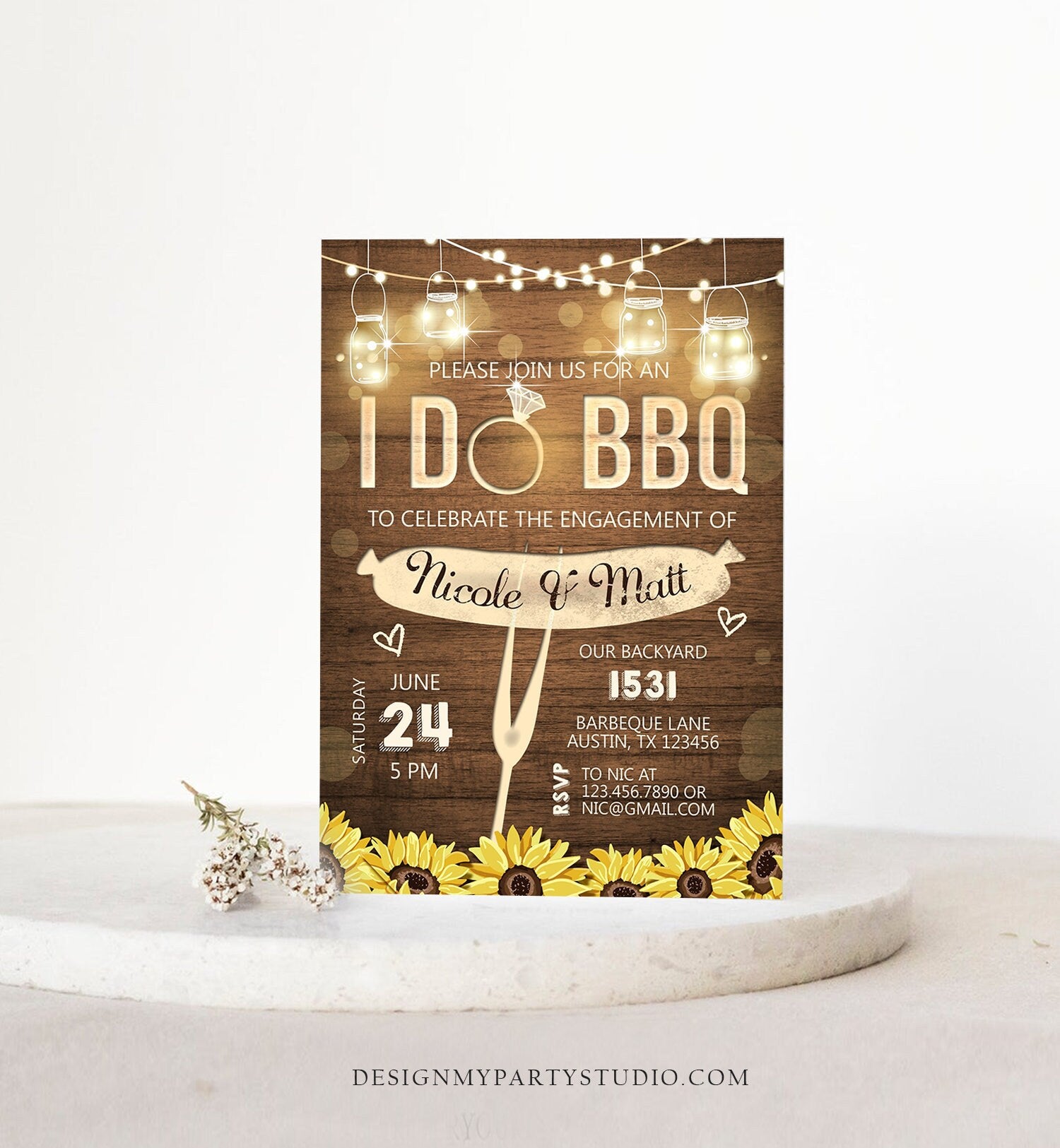 Editable I Do BBQ Invitation Couples Shower Invite Engagement Party Rustic Wood Lights Sunflowers Printable Template Corjl Digital 0015